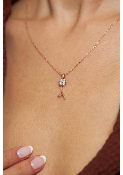 Zirkon Taşlı Rose Minimal Yonca Gümüş Kolye Altın
