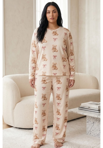 Siyah İnci Pamuklu Likralı Büyük Beden Battal Boy Örme Pijama Takım26240903 Ekru