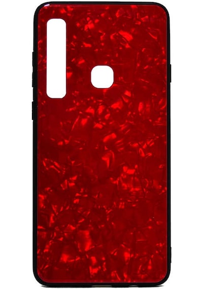 Galaxy Uyumlu A9 2018 Kılıf Mermer Desenli Marbel Temperli Cam Silikon Kılıf Kırmızı