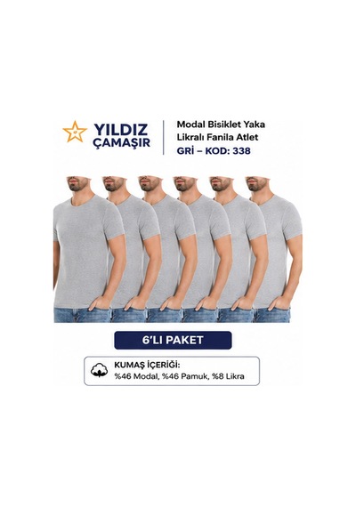 Yıldız Çamaşır Erkek Modal Bisiklet Yaka Likralı Fanila Atlet 335-336-337-338 - 6 Adet Gri