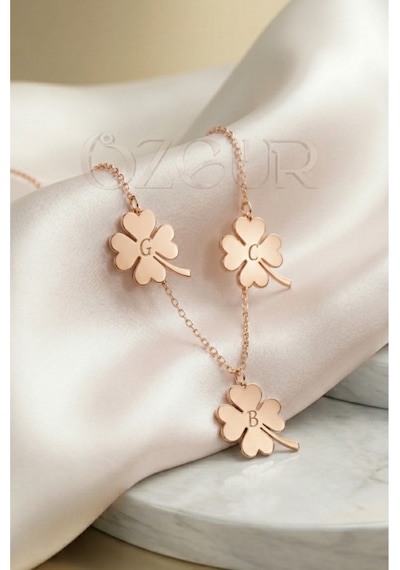 925 Ayar Gümüş Harfli Yonca Kolye Rose Gold