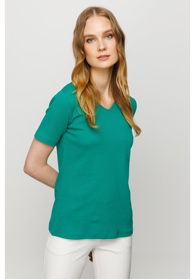 Kadın V Yaka Kaşkorse Pamuk T-shirt Yeşil Yeşil