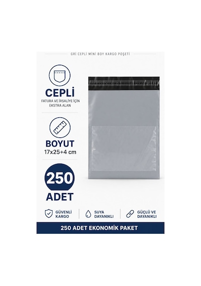 Gri Cepli Mini Boy Kargo Poşeti 17x25+4 Cm 250 Adet