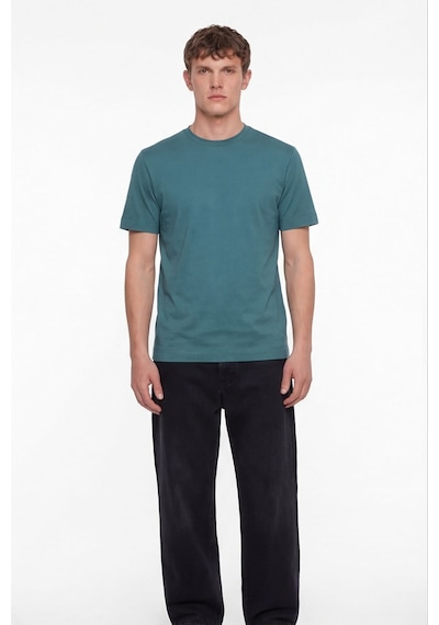 Sabri Özel Erkek Petrol Normal Kesim Regular FitPamuk Dokuma Bisiklet Yaka Basic T-shirt