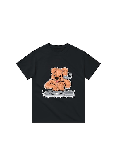 Paybuy Erkek Dj Köpek Kulaklık Turntable Müzik Baskılı Pamuk Tişört Casu Siyah