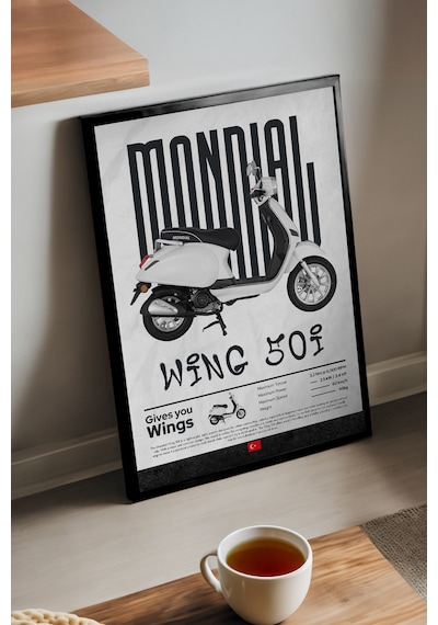 Mondial Wing 50i Siyah Ahşap Çerçeveli Poster, Dekoratif Motosiklet Duvar Tablosu