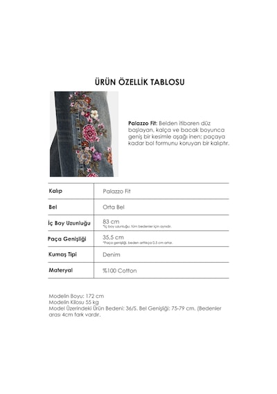 Kadın Kot Renk 4w6-8 Palazzo Fit Nakış Ve 3d Gül Detaylı Özel Tasarım Denim Jean