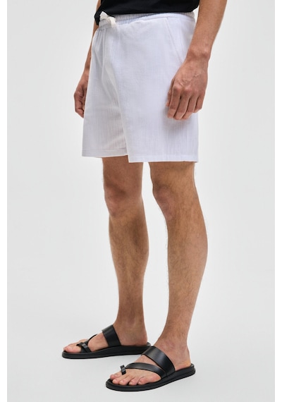 Grimelange LEYTON Erkek Relaxed Fit Çift Cepli Beli Lastikli Keten Karışımlı Dokuma Beyaz Şort & Bermuda