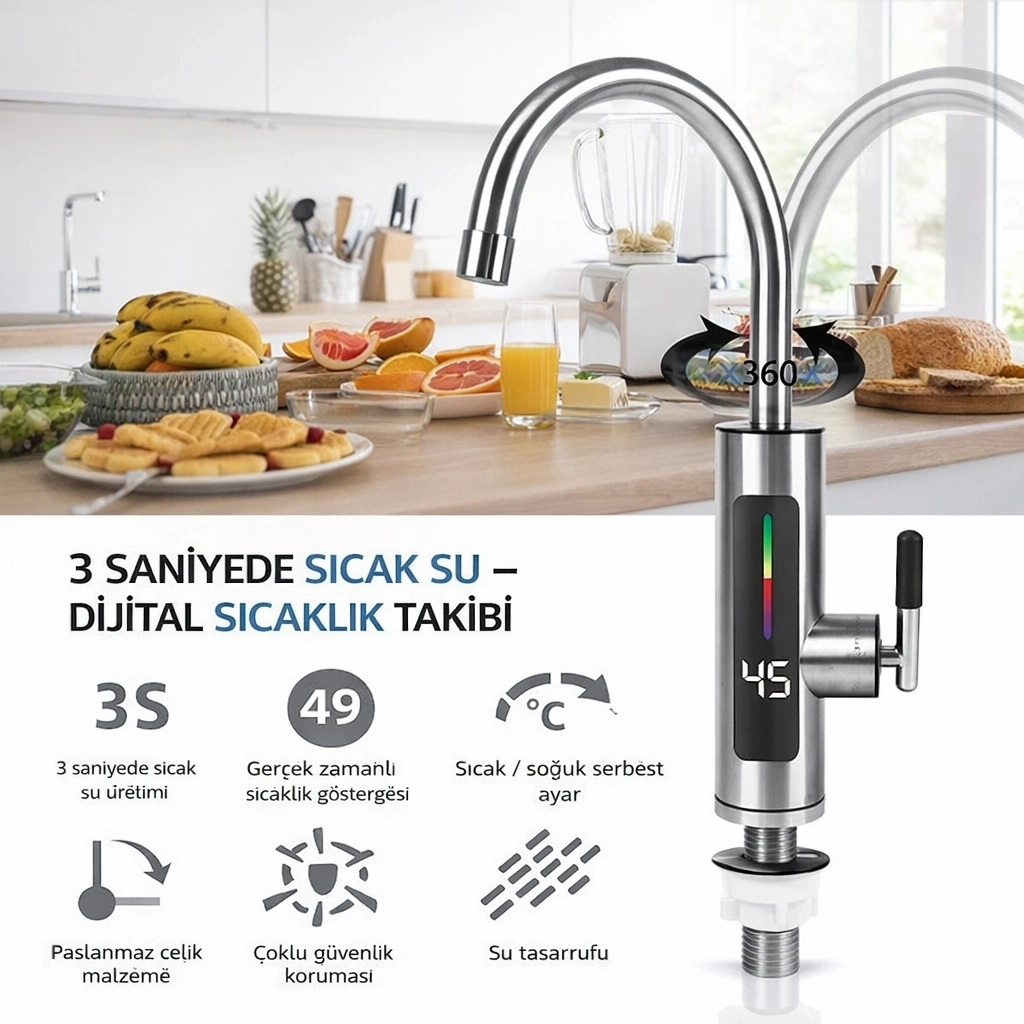 Omniax 3000w Elektrikli Anında Su Isıtmalı Musluk Dijital Sıcaklık Göstergeli 360 Derece Döner Krom