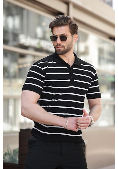 Madmext Siyah Çizgili Polo Yaka Erkek T-shirt E7405 Siyah