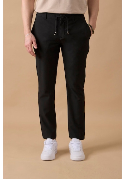 Braccas Erkek Slim Fit Beli Bağlamalı Dokulu Siyah Pantolon Siyah