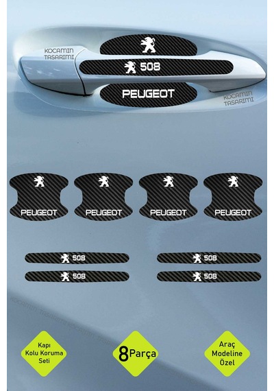 Yeni Nesil Peugeot 508 Karbon Kapı Kolu Koruma Seti 508 Modeline Tam Uyumlu, Beyaz Yazılı Tasarım