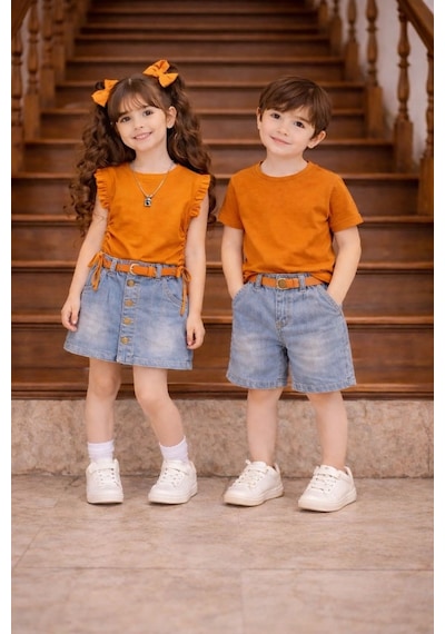Sy Store Kardeş Kombin Erkek Çocuk Kot Şortlu Takım Sadece Erkek Takım Turuncu