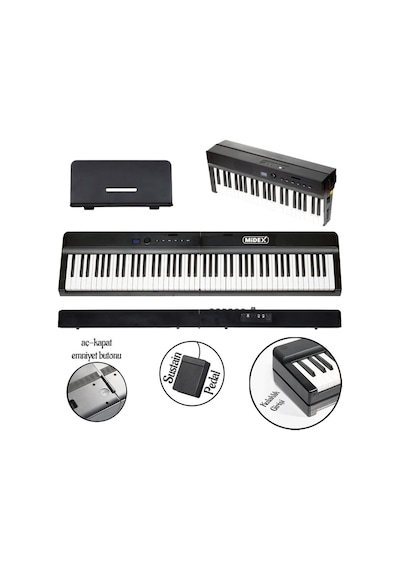 Midex Plx-120bk-st Katlanır Taşınabilir Dijital Piyano Tuş Hassasiyetli Full Set