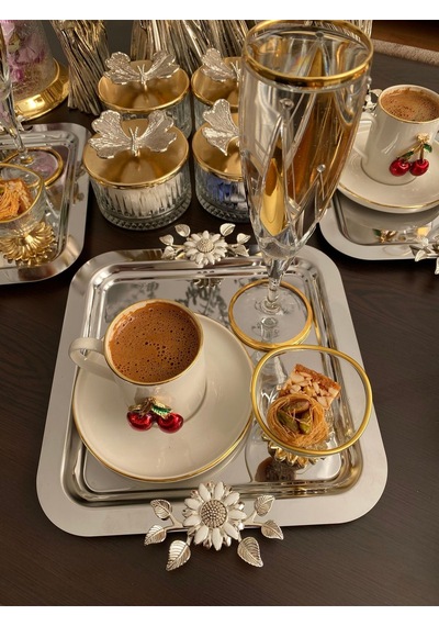 Atabey Home Collection 6'lı Kahve & Çay & Sunum Tepsisi Çelik Gümüş Tepsi Papatya Model