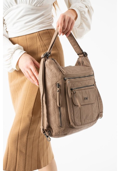 571 Collections Yıkanmış Deri Hem Sırt Hem Omuz Çantası Krem Model: 571-14-18d