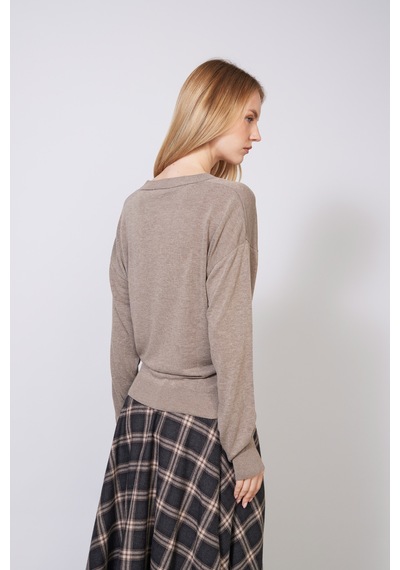 V Yaka Basic İnce Triko Bluz VİZON