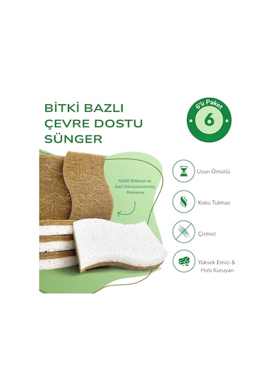 Bitki Bazlı Doğal Bulaşık Süngeri 6 Lı Paket, Ekstra Dayanıklı, Koku Tutmaz, Çizmeden Temizler, Hindistan Cevizi Lifi Ve Selüloz