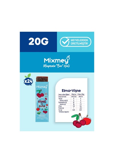 Mixmey Vişne Meyve Barı 24 Adet | Atıştırmalıklar – Vegan, Glutensiz, Koruyucusuz (20GR X 24 ADET)