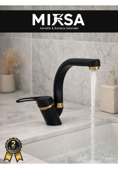 Lüx Siyah-gold Balıksırtı Borulu Banyo Lavabo Bataryası, Musluğu, Çift Su Girişli