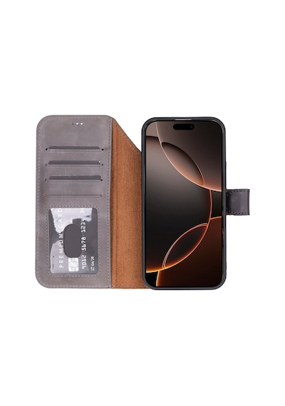 Bloomcase Magic Wallet Ash Gray Apple Uyumlu iPhone 17 Pro 6.3" Hakiki Deri Çıkarılabilir Cüzdanlı Telefon Kılıfı Gri