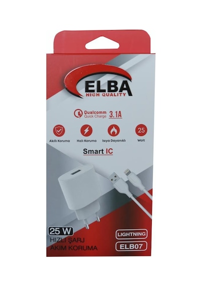 Elba ELB07-USB-25WiOS Uyumlu Beyaz 25W Usb Ev Şarj Kafa+ Usb 1mt Lightning Kablo QC4.0 Hızlı Şarj