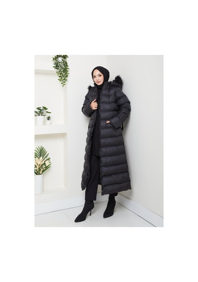 Hb Harma Time Butik Kadın Bel Kemerli Kapüşonlu Uzun Şişme Siyah Mont Siyah Siyah