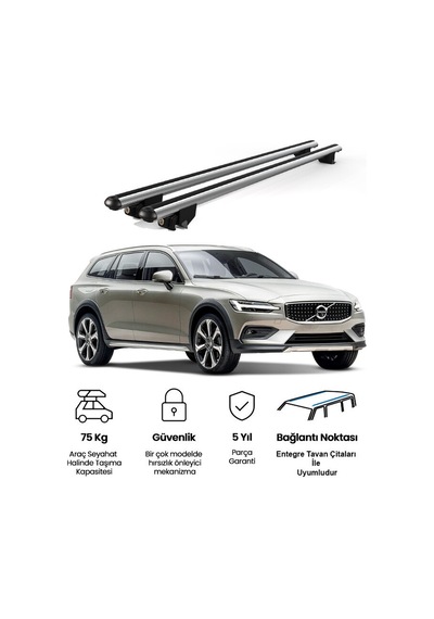 Kanca Volvo V60 Sw 2019 Ve Sonrası Uyumlu Gri Kilitli Ara Atkı 120cm Port Bagaj Tavan Barı