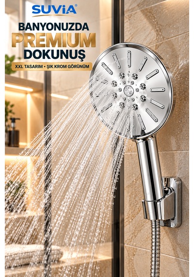 Duş Başlığı Xxl Duş Sistemi 5 Fonksiyonlu 130 Mm Geniş Başlık Yüksek Basınçlı Krom El Duşu