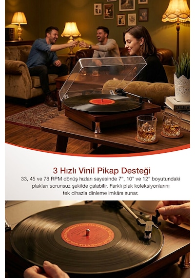 Bluetooth Aux Iğne Dahil Hoparlörlü Pikap Plak Çalar Ahşap