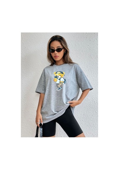 Medinenur Unisex Peluş Ayı Baskılı Bisiklet Yaka Tshirt Gri