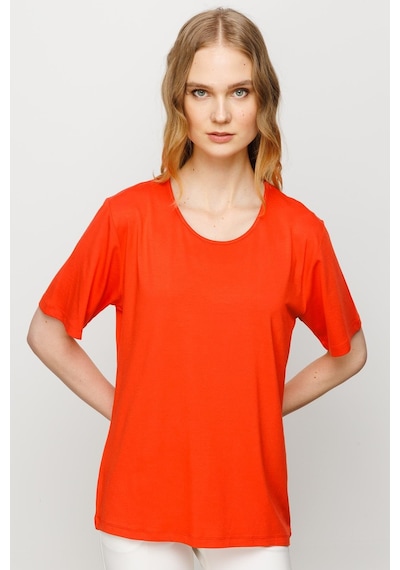 Kadın Sıfır Yaka Basic Penye T-shirt Oranj Oranj