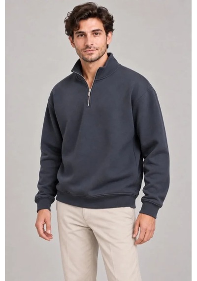 Suma Erkek Füme Dik Yaka Yarım Fermuarlı Şardonlu Kışlık Sweatshirt