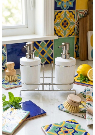 Makri Home Metal Stantlı Süngerlikli 2 Li Akrilik Sıvı Sabunluk / Bulaşık Deterjanlık - Beyaz Beyaz