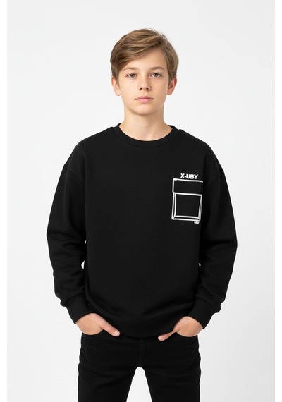 Baskı Detaylı Bisiklet Yaka Erkek Çocuk Sweatshirt-90913 Siyah