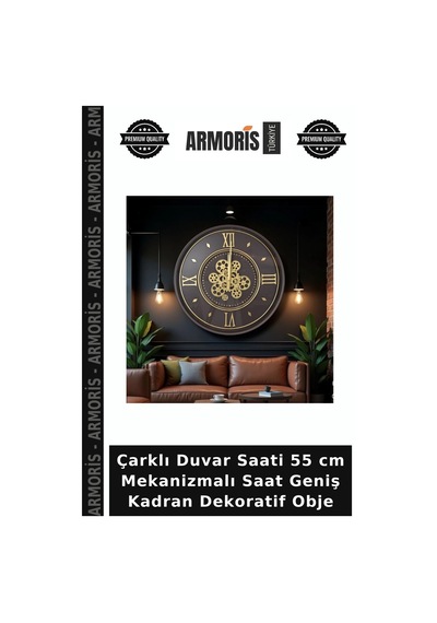 Çarklı Duvar Saati 55 Cm Mekanizmalı Saat Geniş Kadran Dekoratif Obje