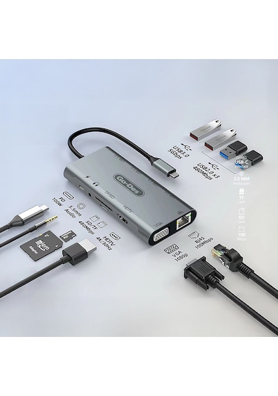 Go Des Gd-6907 11 İn 1 Type-c Hub Sd Kart-rj45-hdmı-vga-usb Çoğaltıcı Gri Gri
