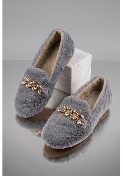 Nmoda Kadın Peluş Panduf Gold Zincir Taşlı Aksesuarlı Kapalı Loafer Yumuşak Tabanlı Kışlık Rahat Babet Gri