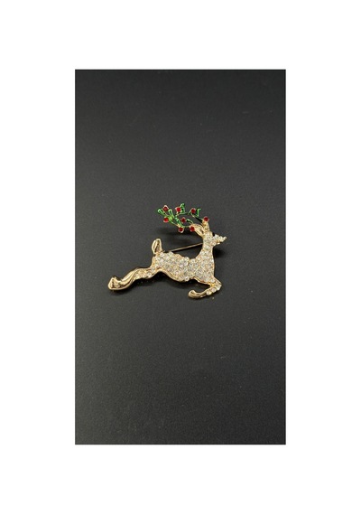 Göz Alıcı Parıltılı Noel Geyiği Rengeyiği Broş - Zirkon Taşlı Çok Renkli