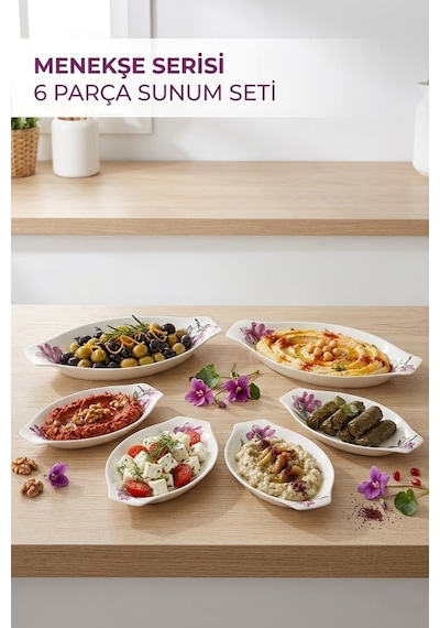 Noble Life Menekşe Desenli 6 Parça Porselen Meze, Kahvaltılık Ve Sunum Seti Beyaz - Mor