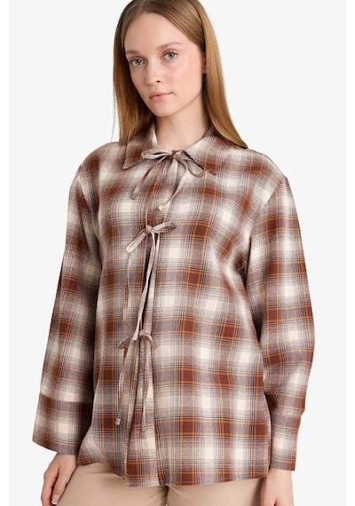 Defacto Regular Fit Dama Desenli Flanel Önden Bağlamalı Uzun Kollu Tunik G1382ax25wnbn341 Kahve-bn341