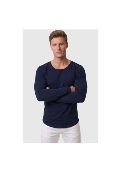 Deepsea Erkek Lacivert %95 Pamuk Slim Fit Kesik Açık Yaka Likralı Penye Sweatshirt Oval Kesim 2602299