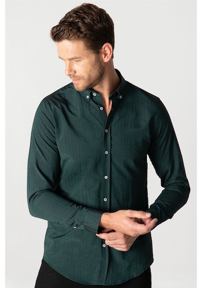 Tudors Slim Fit Uzun Kol Çizgili Spor Yaka Poplin Erkek Gömlek-25329 Haki