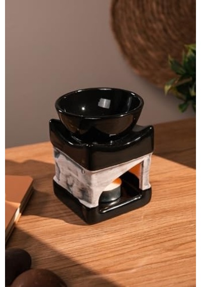 Love Bundles Fil Desenli Seramik El Yapımı Buhurdanlık Mumluk Dekoratif Buhardanlık 1 Tealight Mum Ile Siyah 50 x 22
