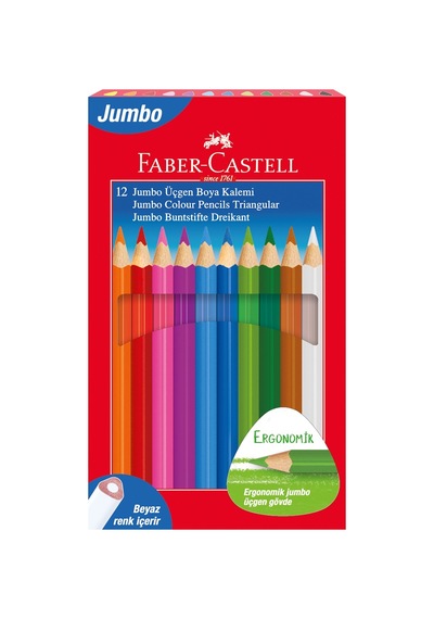 Faber-castell Jumbo Üçgen Boya Kalemi, 12 Renk, Ergonomik Gövde, Beyaz Renk İçerir, Kalın Uçlu Karışık