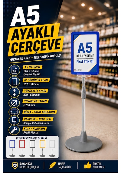 A5 Ayaklı Menü Ve Fiyat Bilgi Standı Yuvarlak Tabanlı Teleskopik Çerçeve Etiketlik Mavi