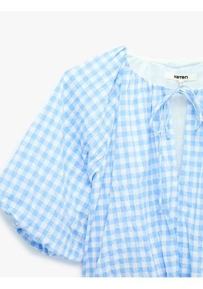 Koton Pamuklu Bağcıklı Yuvarlak Yaka Kısa Kollu Pötikareli Balon Crop Bluz Mavi Ekose 6sak60290ew Koton Pamuklu Bağcıklı Yuvarlak Yaka Kısa Kollu Pötikareli Balon Crop Bluz Mavi Ekose 6sak60290ew