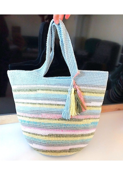 Kemzey Handmade Çizgili Büyük Kol Çantası , El Yapımı Örgü Çanta Soft Pembe