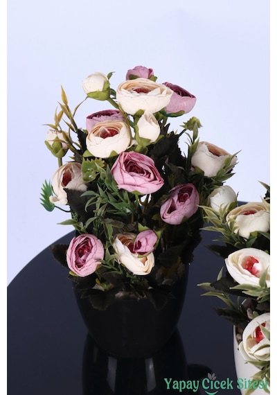 Yapay Çiçek Sitesi Plastik Saksıda Yapay Tomurcuklu Ranunkulus Tanzimi 2'li Set 30 Cm Pembe Krem - Ekru