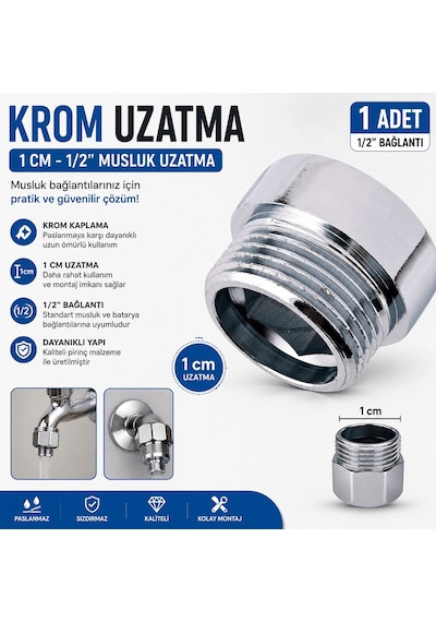 1/2" Krom Musluk Uzatma 1 Cm Pirinç Krom Kaplama Musluk Bağlantı Uzatma Aparatı 1 Adet Diğer